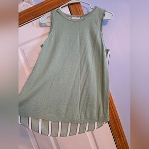 LOFT Green Tank Top with Striped Hem